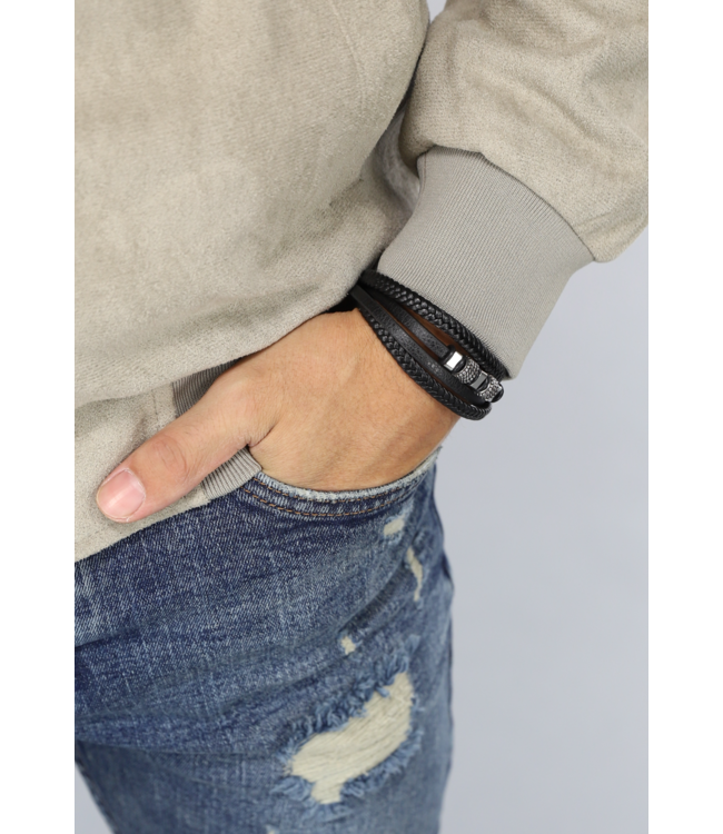 NEW1503 Zwarte Lederlook Heren Armband met Schuif Sluiting