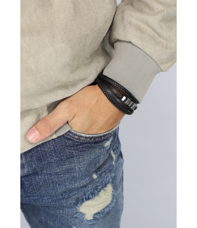 Zwarte Lederlook Heren Armband met Schuif Sluiting