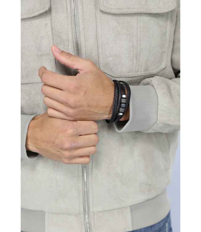 Zwarte Lederlook Heren Armband met Schuif Sluiting