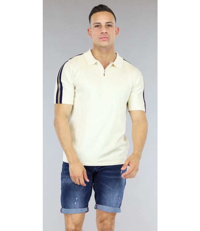 !SALE50 Beige Zachte Heren Polo met Streepdetail