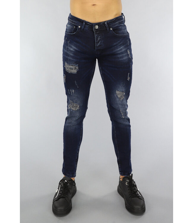 Donkerblauwe Jeans met Vintage Wash en Gaten