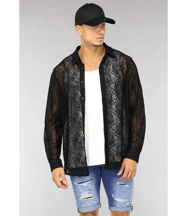 See Through Heren Blouse met Wave Print