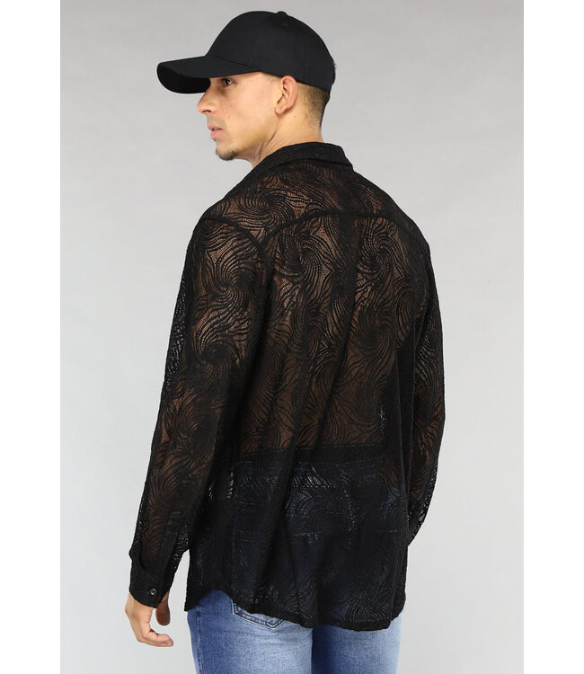See Through Heren Blouse met Wave Print