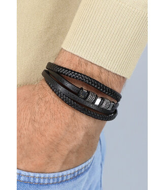 Zwarte Lederlook Heren Armband met Schuif Sluiting