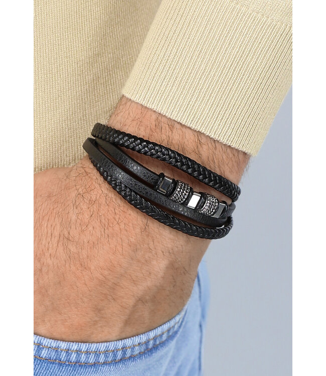 Zwarte Lederlook Heren Armband met Schuif Sluiting