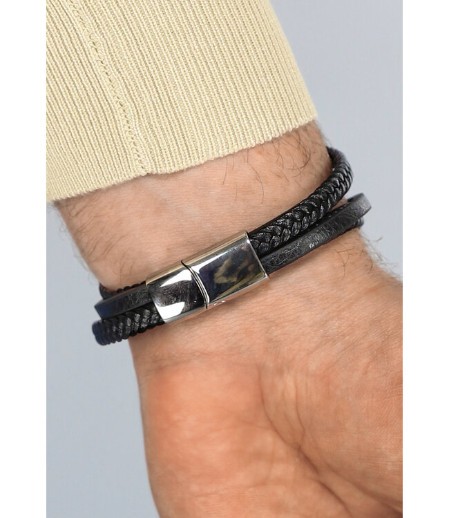 Zwarte Lederlook Heren Armband met Schuif Sluiting