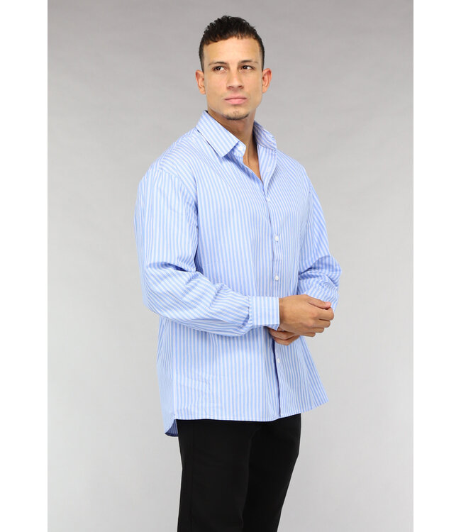 Oversized Blauw Katoenen Heren Overhemd met Strepen