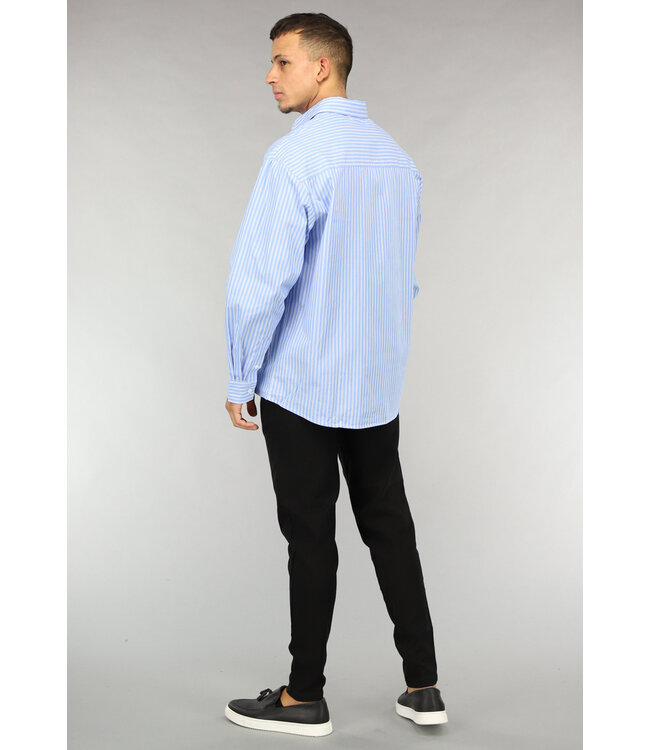 Oversized Blauw Katoenen Heren Overhemd met Strepen