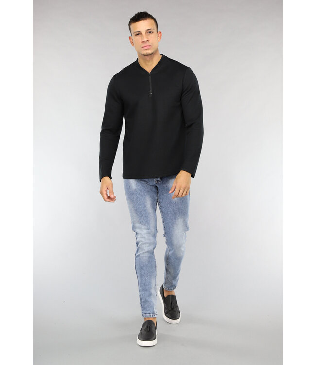 Zwarte Longsleeve Heren Top met Rits