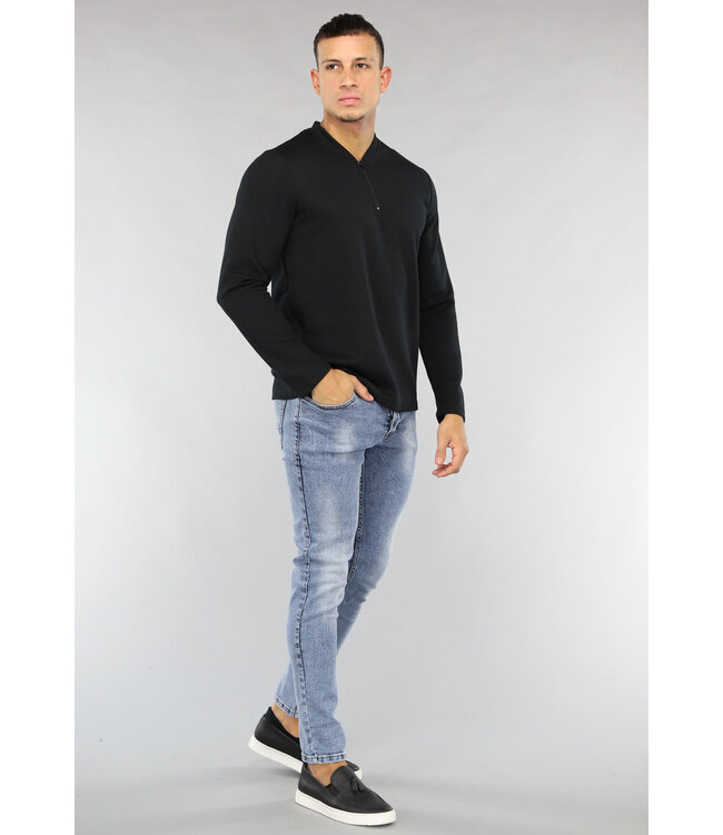 NEW1503 Zwarte Longsleeve Heren Top met Rits