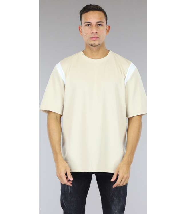 !SALE50 Beige Heren Shirt met Gestreepte Schouders