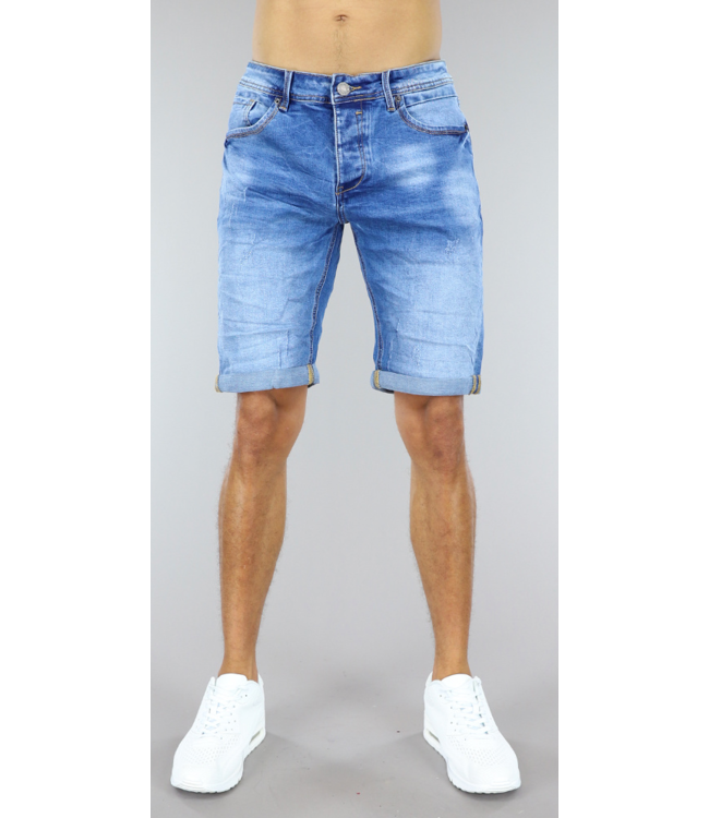 Blauwe Heren Jeans Short met Omgeslagen Pijpen