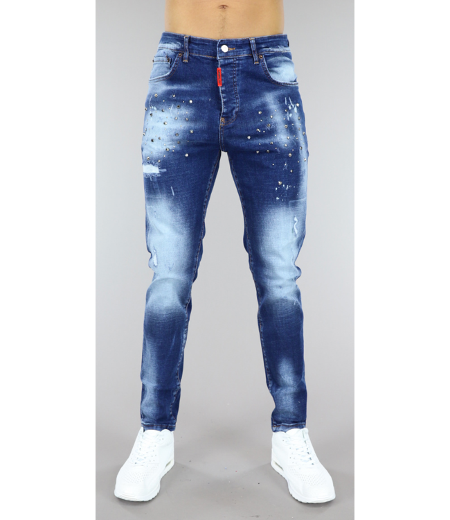 !OP=OP Donkerblauwe Acid Washed Mannen Jeans met Studs