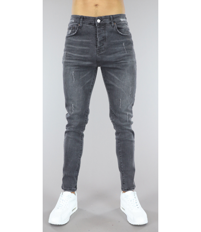 Donkergrijze Heren Regular Fit Jeans met Ripped Details