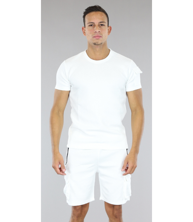 Heren Short Set Wit met Visgraat Motief