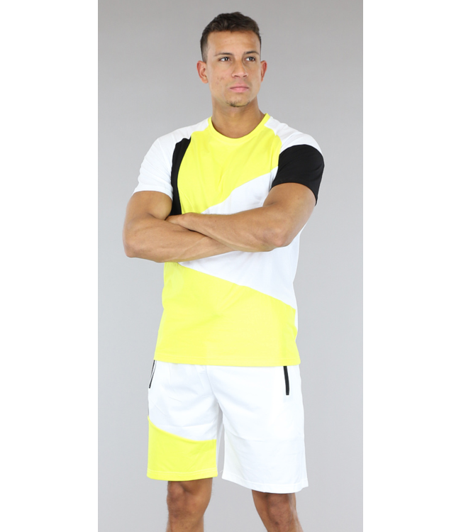 Geel Mannen Short Setje met Zwart/Witte Details