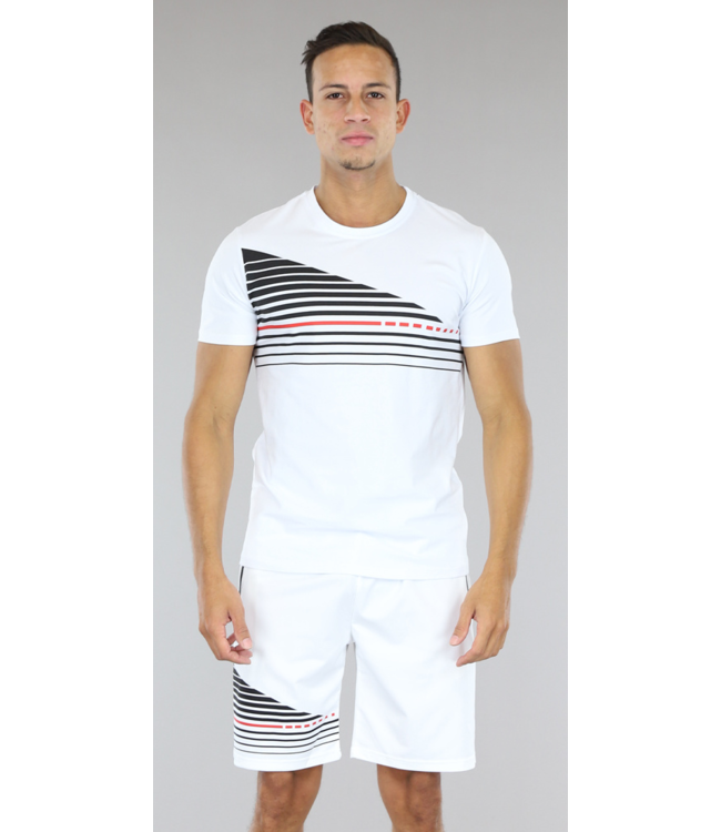 Witte Striped Heren Short Set met Zwarte Details