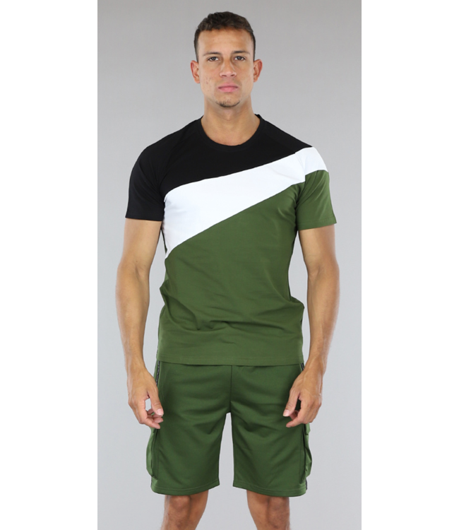 !SALE50 Groen Heren Cargo Short Set met Zwart/Witte Vlakken