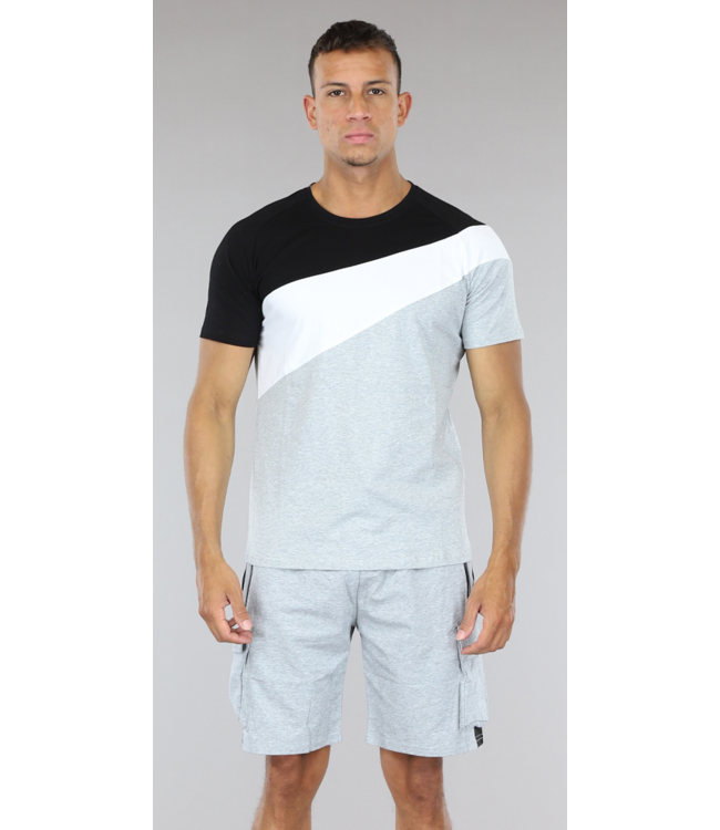 !SALE50 Grijs Heren Cargo Short Set met Zwart/Witte Vlakken