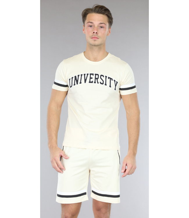 !SALE50 Beige Heren Slim Fit Short Set met Strepen