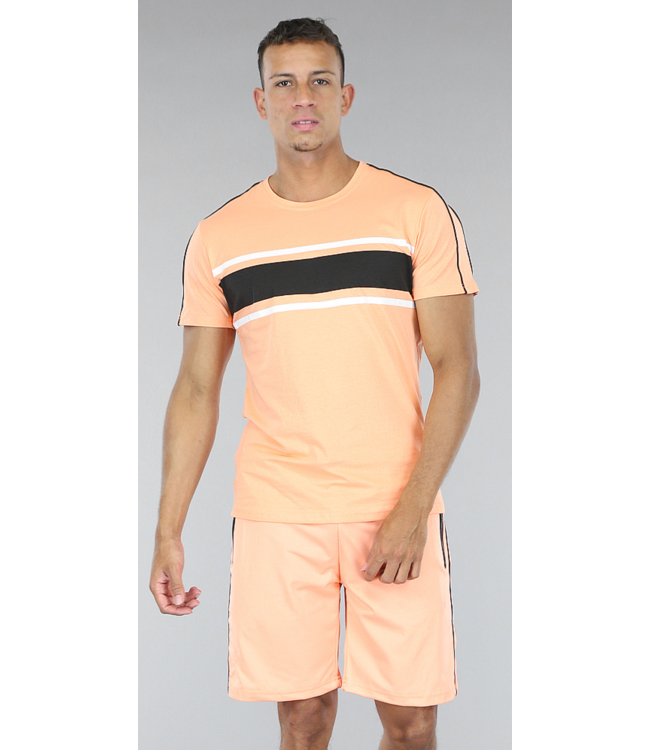 !SALE50 Heren Short Set Oranje met Sporty Zwarte Streep