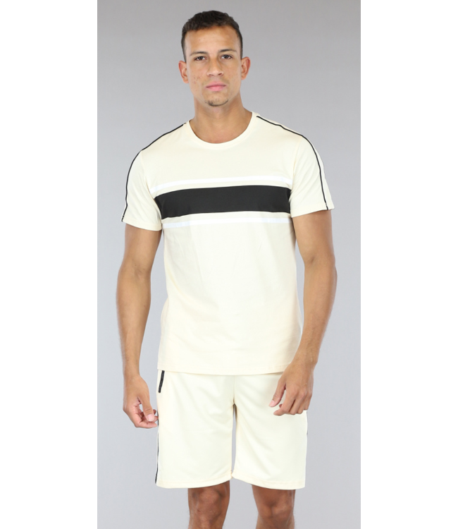 !SALE50 Heren Short Set Beige met Sporty Zwarte Streep