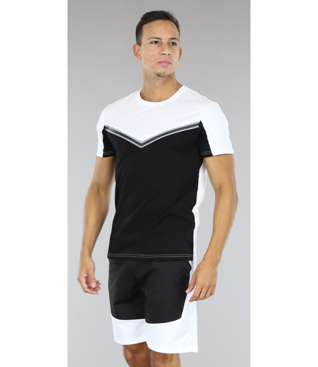 Wit/Zwart Heren Short Set met Zilveren Details