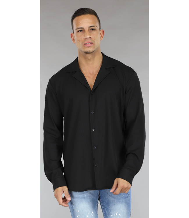 Zwarte Loose-Fit Heren Blouse met Ribstof