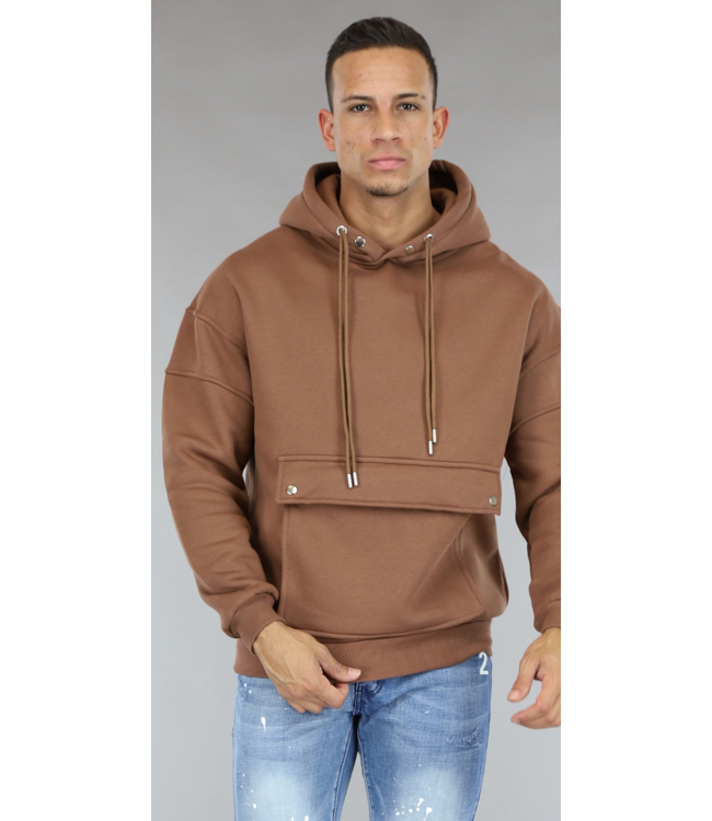 Bruine Mannen Hoodie met Vierkante Buidelzak