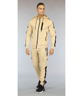 !OP=OP Beige Heren Joggingpak met Zwart Streepdetail