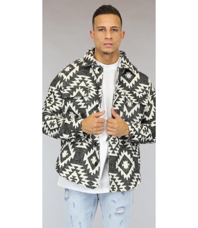 Zwart/Wit Heren Print Overshirt met Knopen
