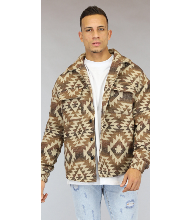 Bruin Heren Print Overshirt met Knopen
