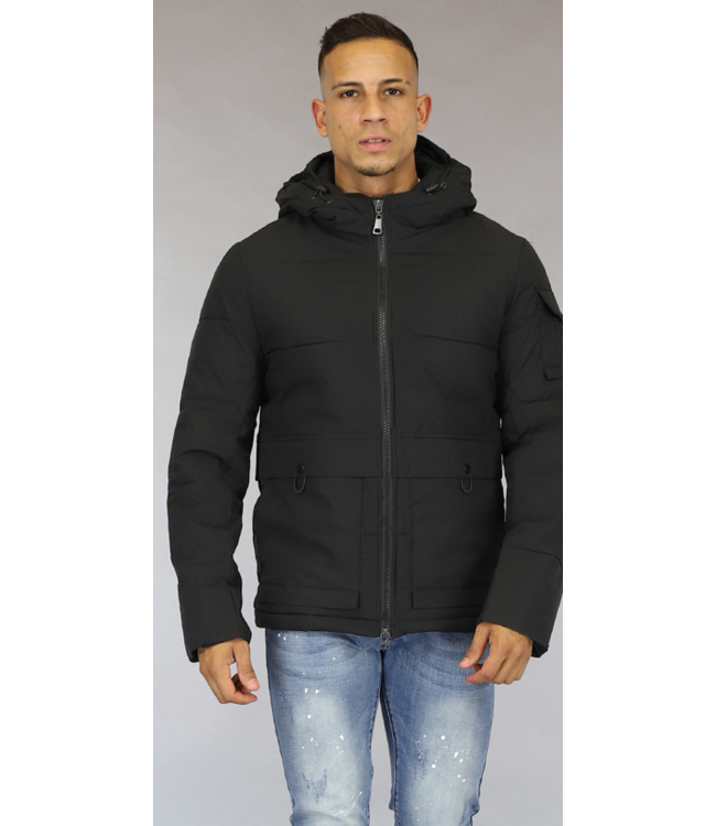 Basic Zwarte Heren Winterjas met Capuchon