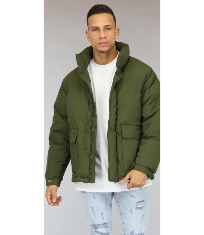 Oversized Groene Heren Winterjas met Hoge Kraag
