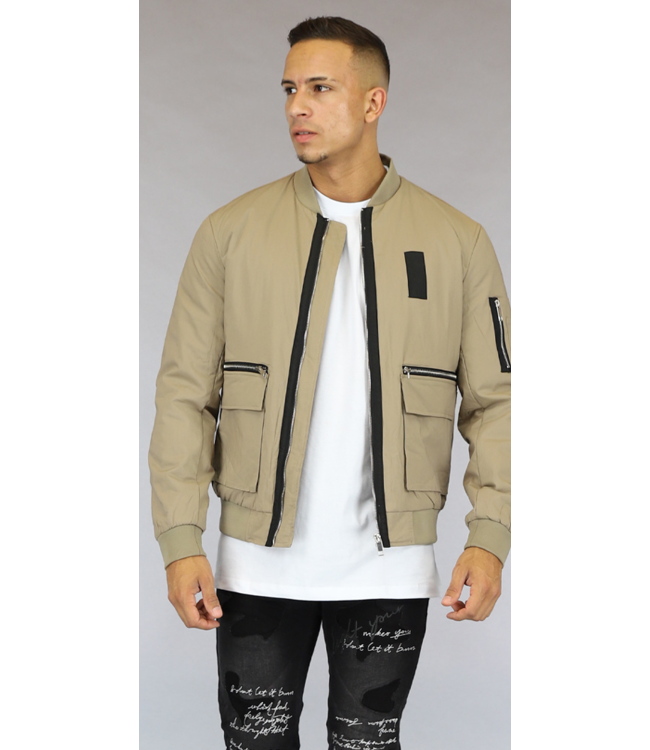 Beige Heren Bomberjack met Zwarte Details en Zakken