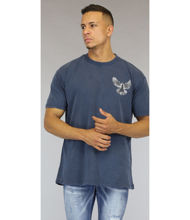 Blauwe Washed Heren Shirt met Duif