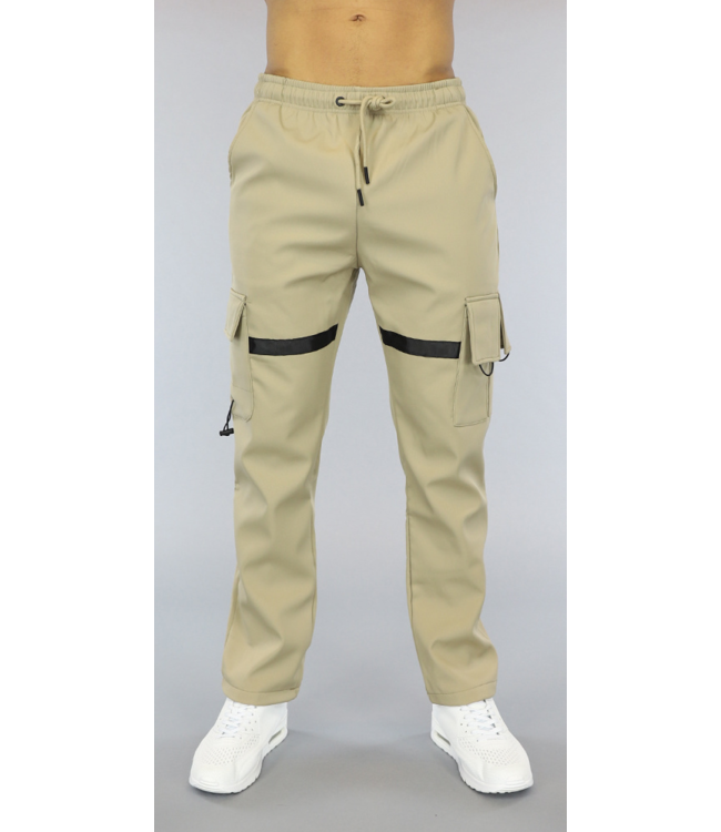 Beige Heren Cargo Broek met Zwarte Streep