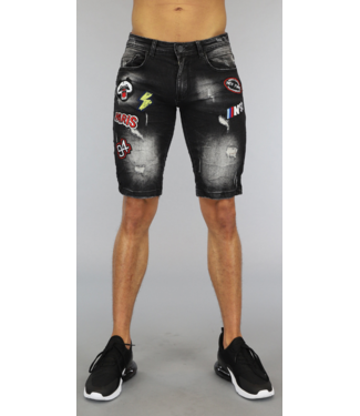 Zwarte Heren Jeans Short met Patches