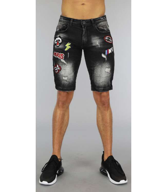 Zwarte Heren Jeans Short met Patches