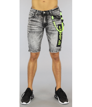 Grijze Washed Heren Jeans Short met Neon Details