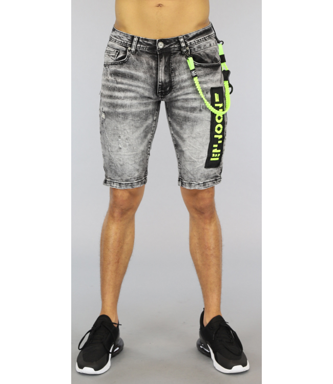 Grijze Washed Heren Jeans Short met Neon Details