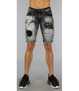 Grijze Washed Heren Jeans Short met Print en Scheuren
