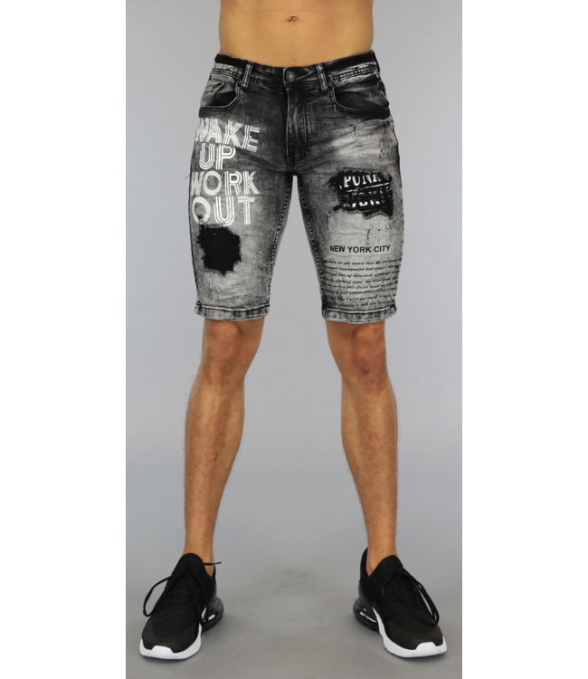 Grijze Washed Heren Jeans Short met Print en Scheuren