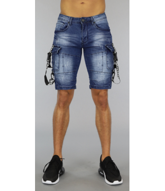 Blauw Light Washed Heren Jeans Short met Bretels