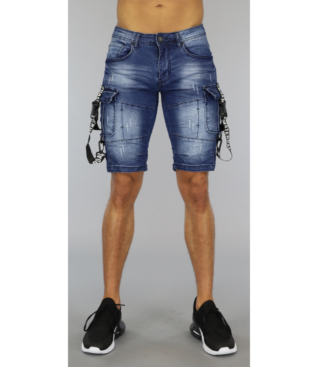 Blauw Light Washed Heren Jeans Short met Bretels