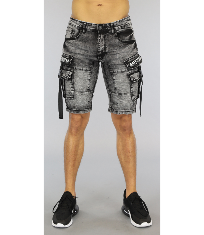 Zwart Acid Heren Jeans Short met Klepzakken