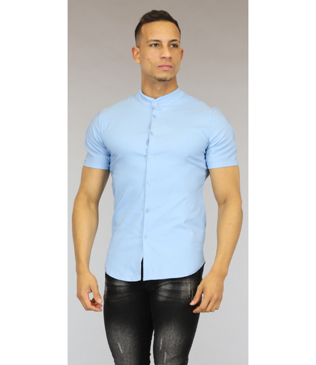 Lichtblauwe Stretch Heren Blouse met Korte Mouwen