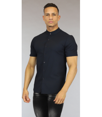 Donkerblauwe Stretch Heren Blouse met Korte Mouwen
