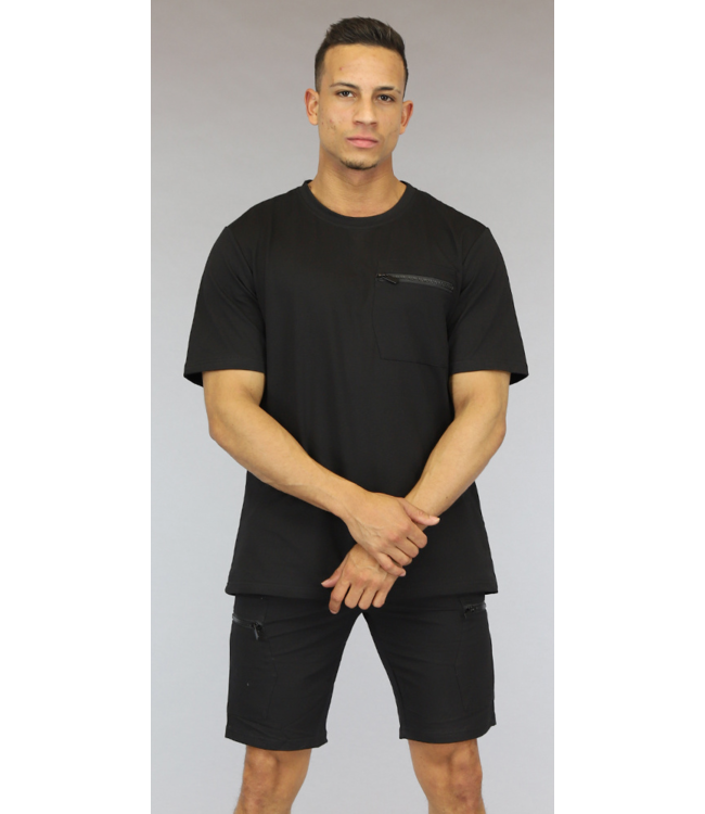 Zwarte Loose Fit Heren Short Set met Zakken