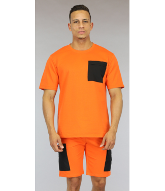 Oranje Heren Short Set met Zwarte Zakken
